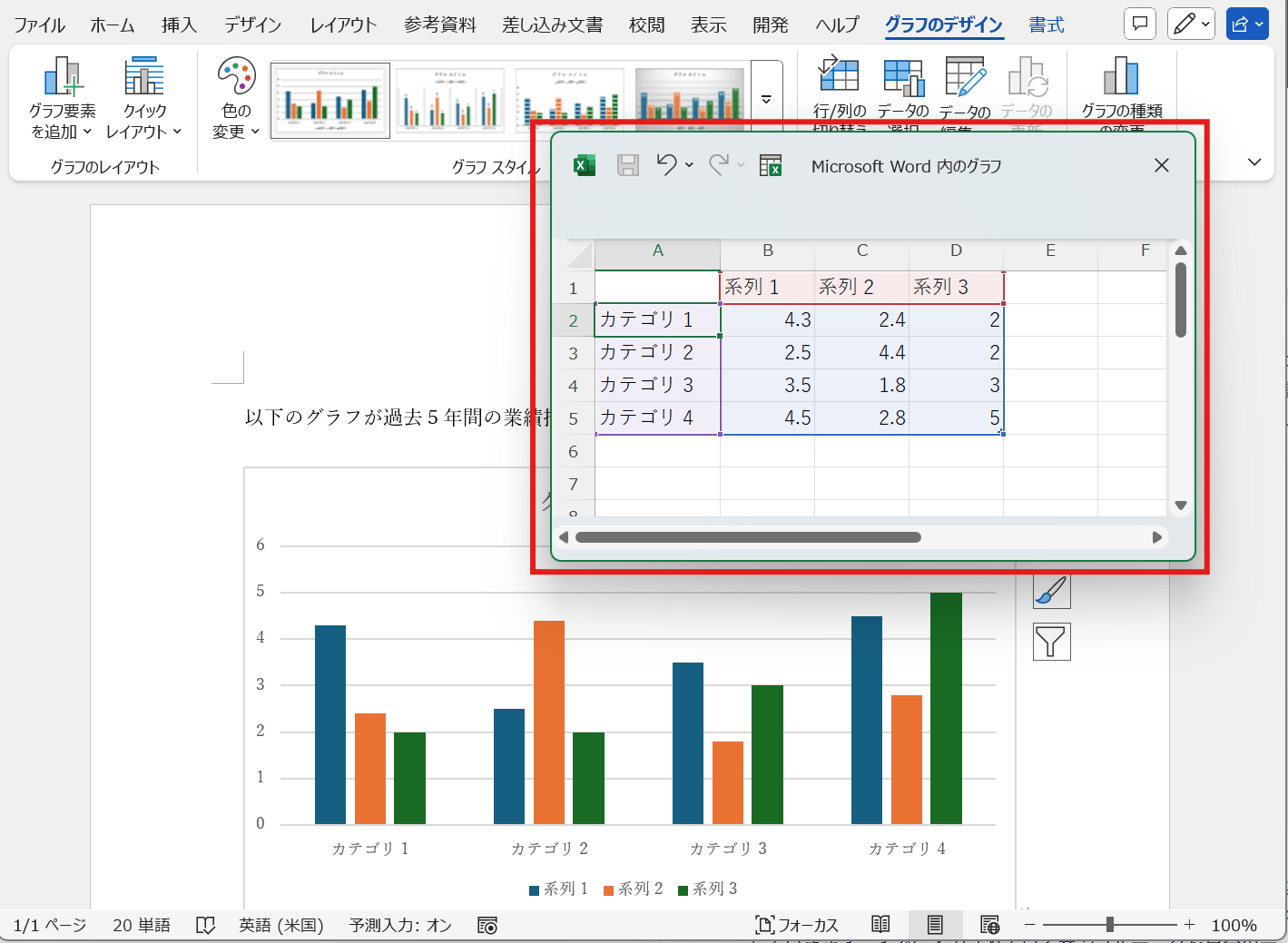 Word画面上にグラフと小さなExcelのようなシート（グラフ データ）が表示される